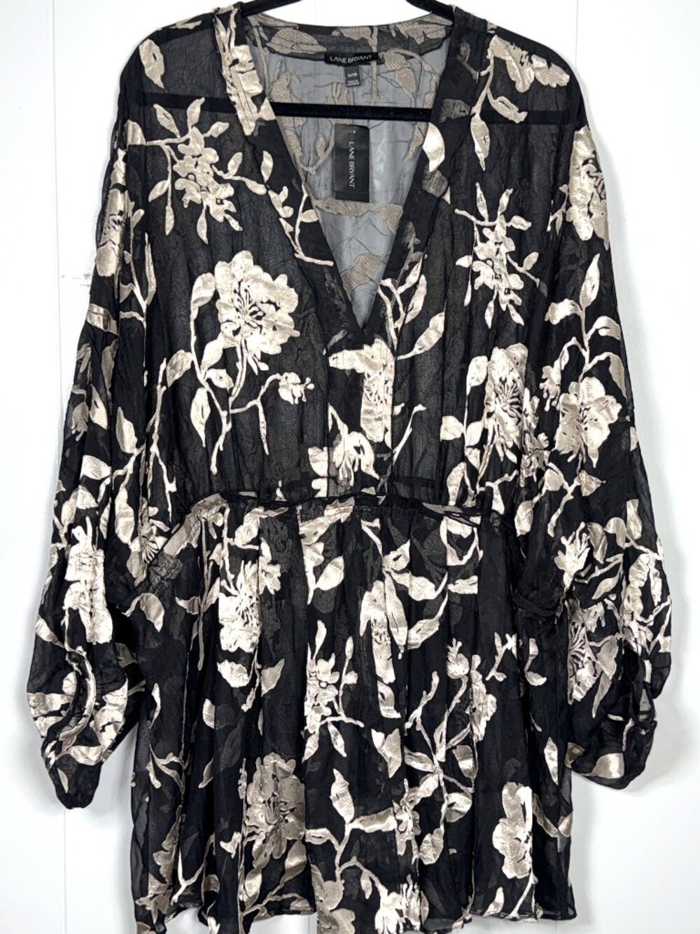 Lane Bryant Sheer Floral Blouse Peplum V-Neck Pullover Peasant Boho Tunic 26 28